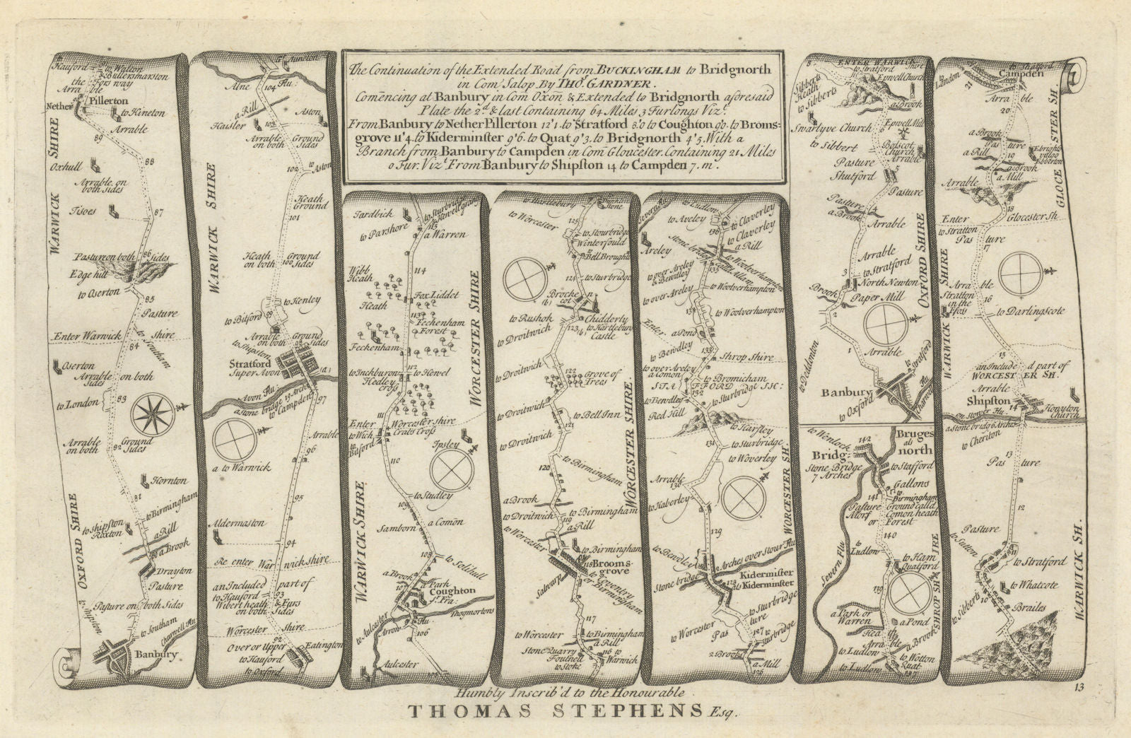Banbury - Stratford - Bromsgrove - Bridgnorth. GARDNER road map #13 1719